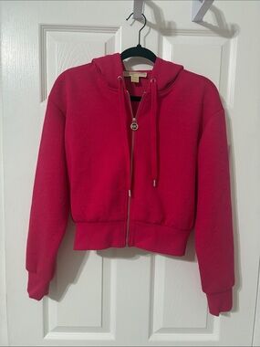 Michael Kors Bright Pink Hooded Zip-Up Signature MK textured knit tonal logo